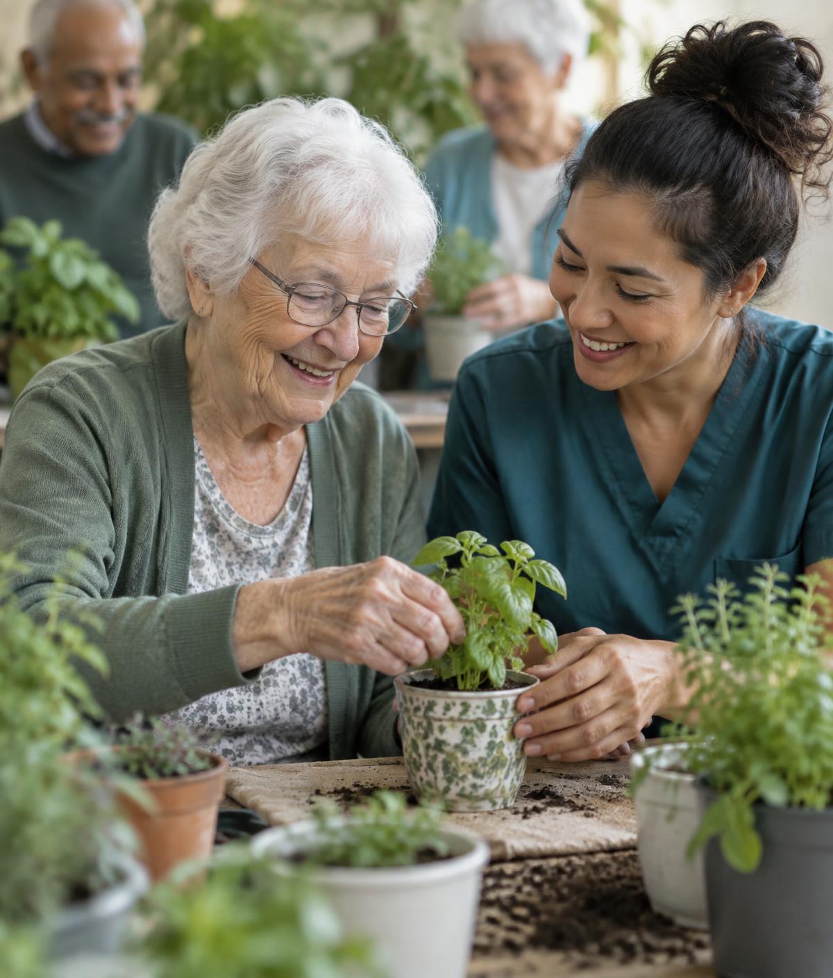 A resident and caregiver planting herbs together